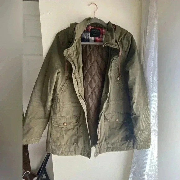 Women’s Utility Jacket Coat Army Green with Hood Flannel Insert Brass Buttons - Picture 2 of 9